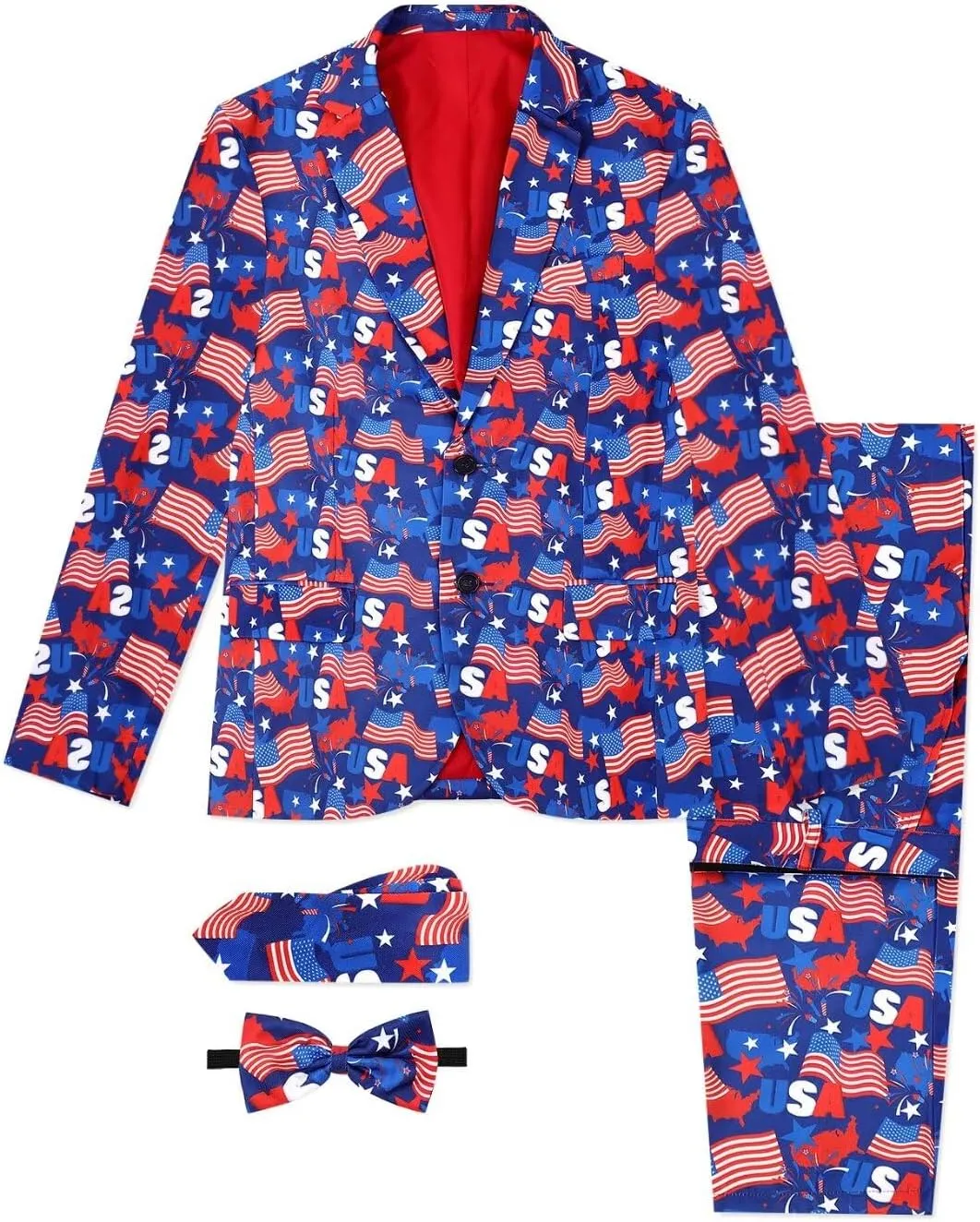 Men's 3-Piece American Flag Suits for 4th of July, Two Button Jacket & Pants & Tie & Bowtie