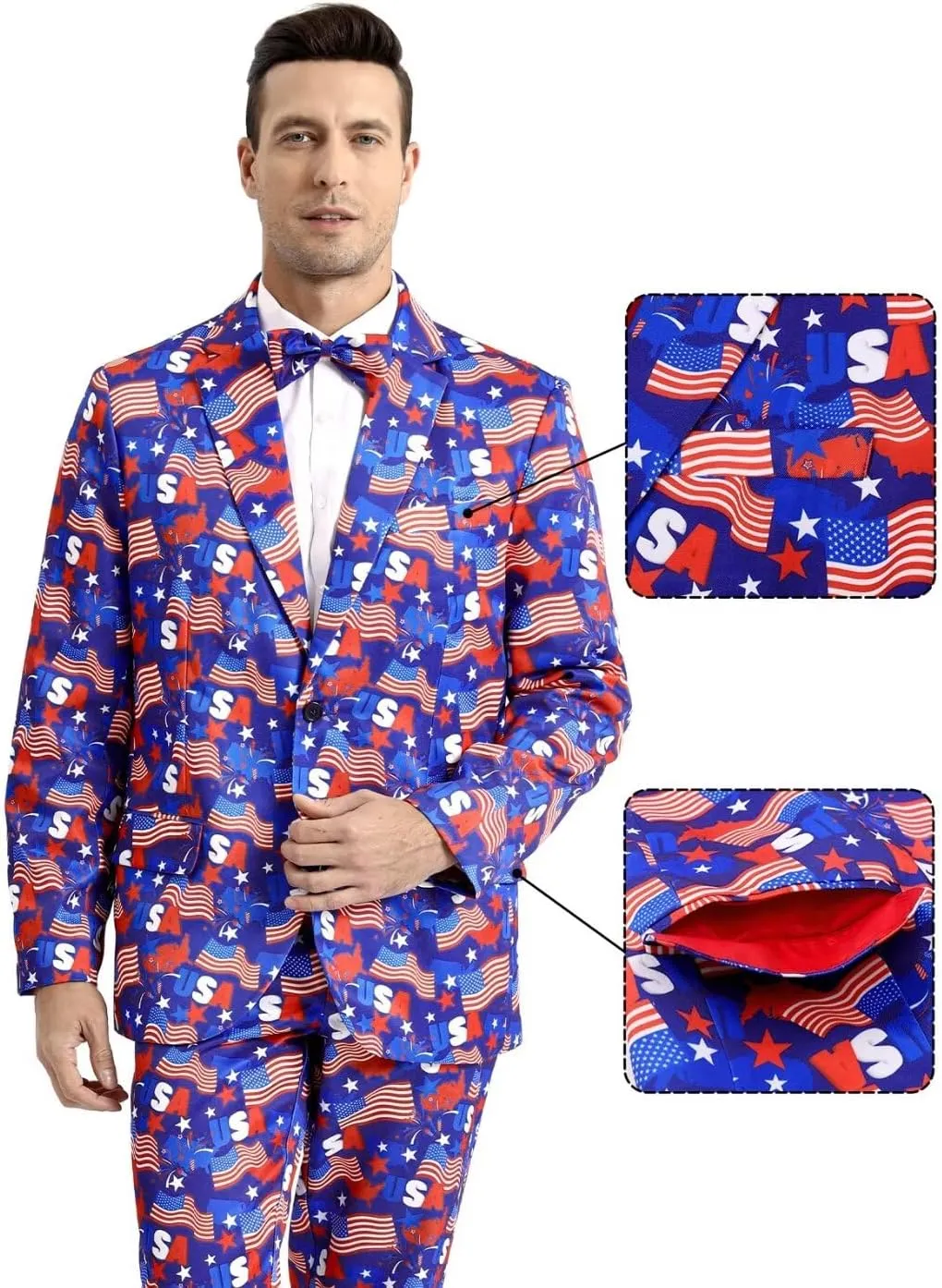 Men's 3-Piece American Flag Suits for 4th of July, Two Button Jacket & Pants & Tie & Bowtie