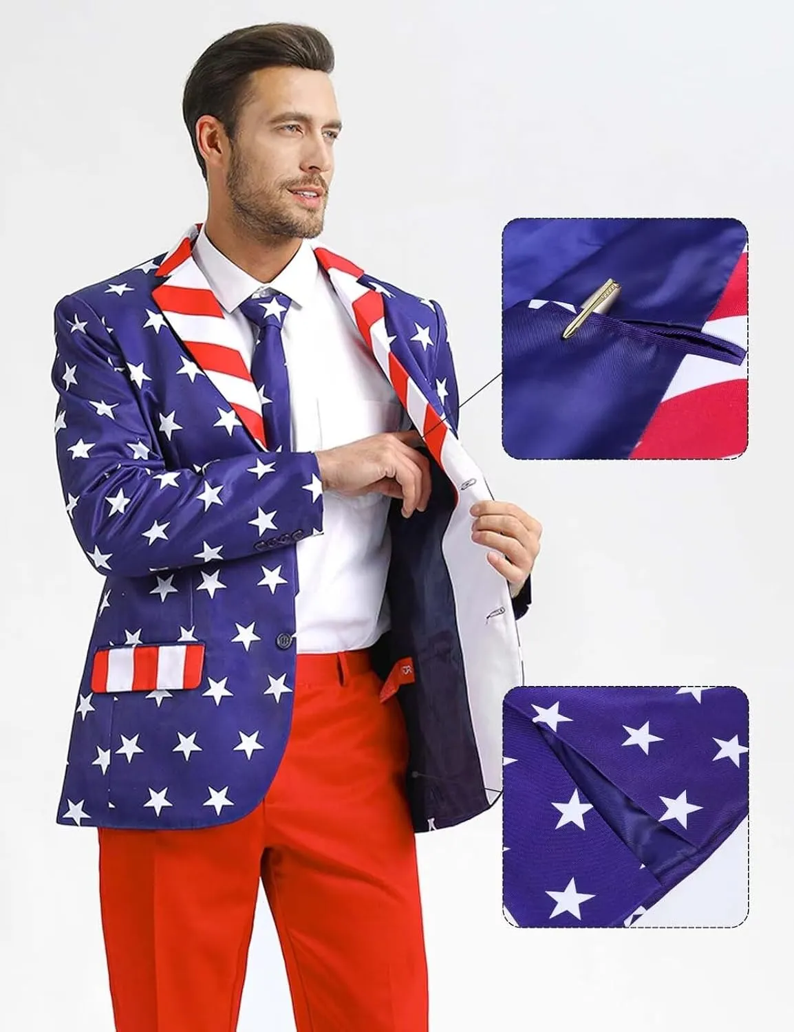 Men's 3-Piece American Flag Suits for 4th of July, Two Button Jacket & Pants & Tie & Bowtie
