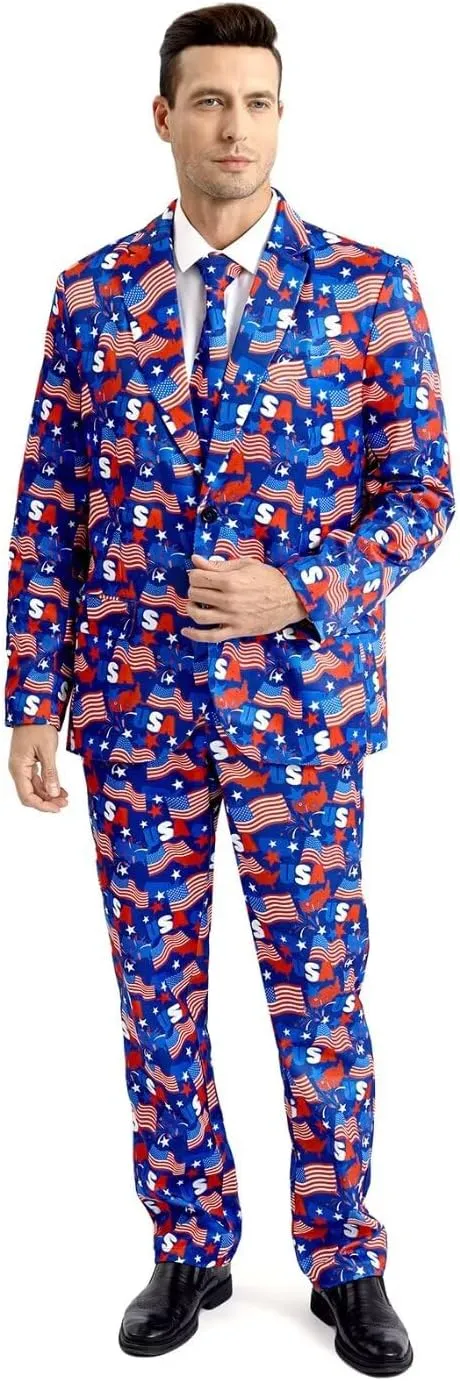 Men's 3-Piece American Flag Suits for 4th of July, Two Button Jacket & Pants & Tie & Bowtie