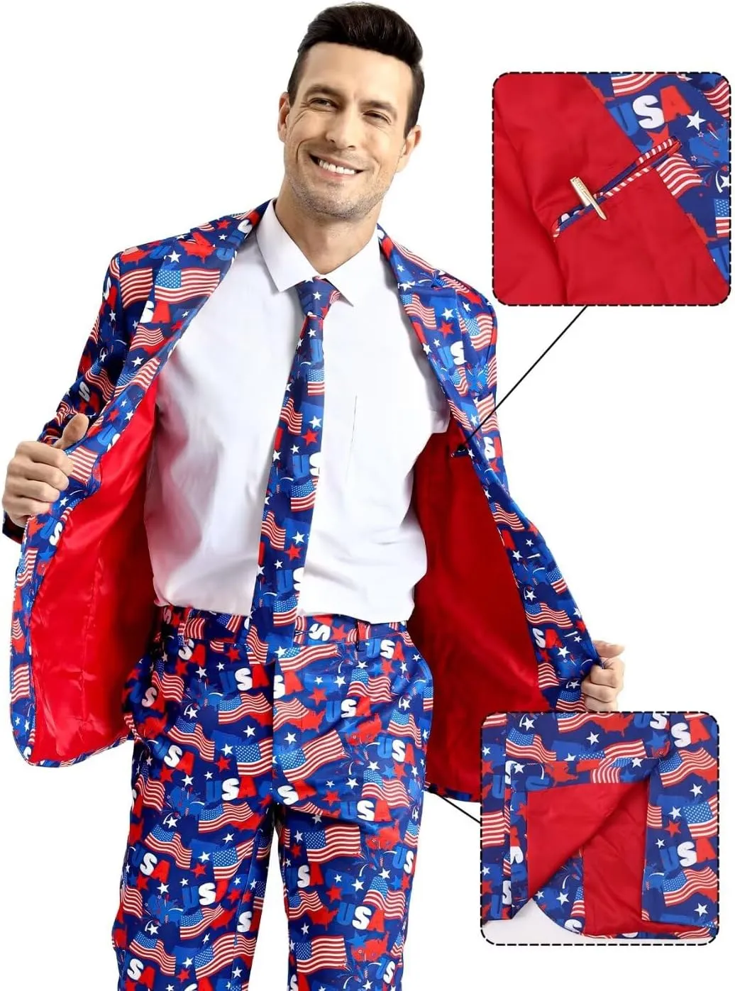 Men's 3-Piece American Flag Suits for 4th of July, Two Button Jacket & Pants & Tie & Bowtie