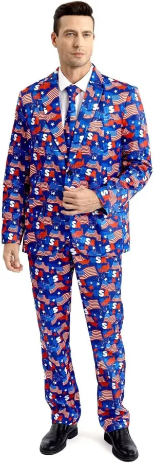 Men's 3-Piece American Flag Suits for 4th of July, Two Button Jacket & Pants & Tie & Bowtie