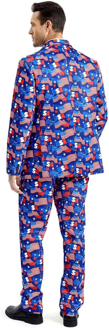 Men's 3-Piece American Flag Suits for 4th of July, Two Button Jacket & Pants & Tie & Bowtie