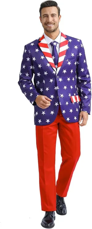 Men's 3-Piece American Flag Suits for 4th of July, Two Button Jacket & Pants & Tie & Bowtie