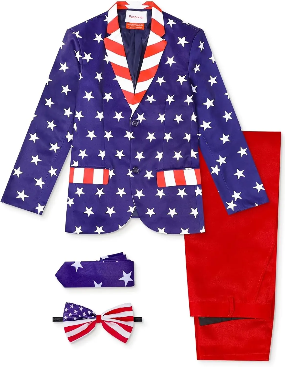 Men's 3-Piece American Flag Suits for 4th of July, Two Button Jacket & Pants & Tie & Bowtie