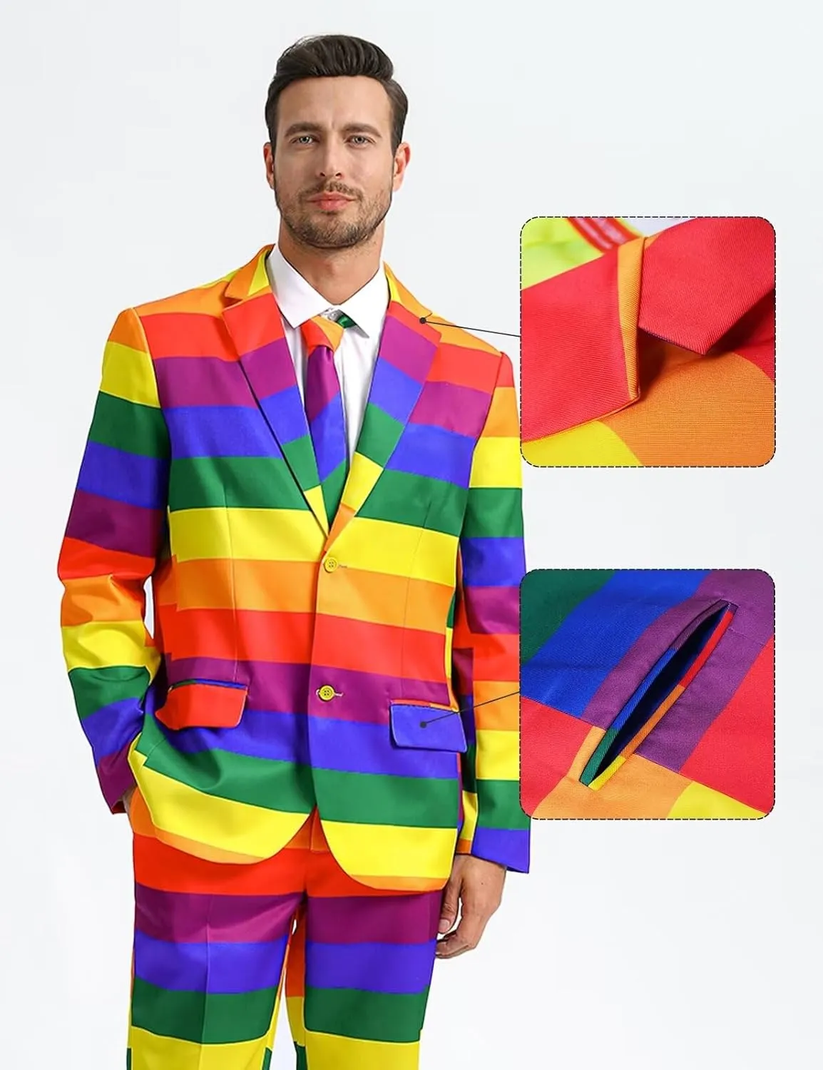 Men's 3-Piece Pride Rainbow Suits, Two Button Jacket & Pants & Tie