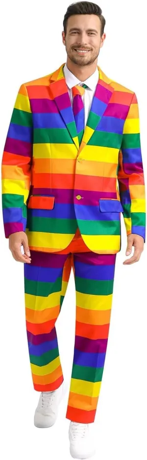 Men's 3-Piece Pride Rainbow Suits, Two Button Jacket & Pants & Tie