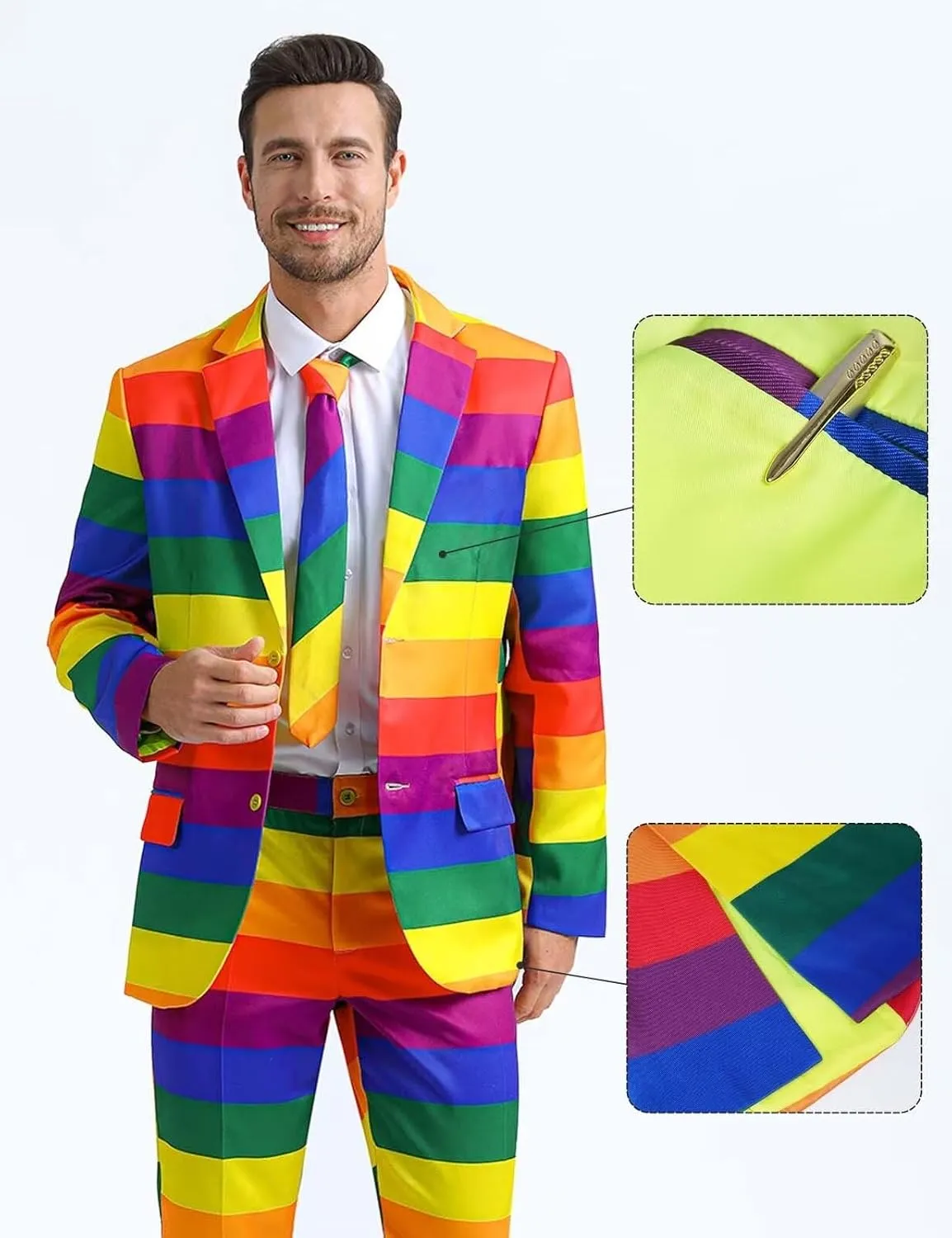 Men's 3-Piece Pride Rainbow Suits, Two Button Jacket & Pants & Tie