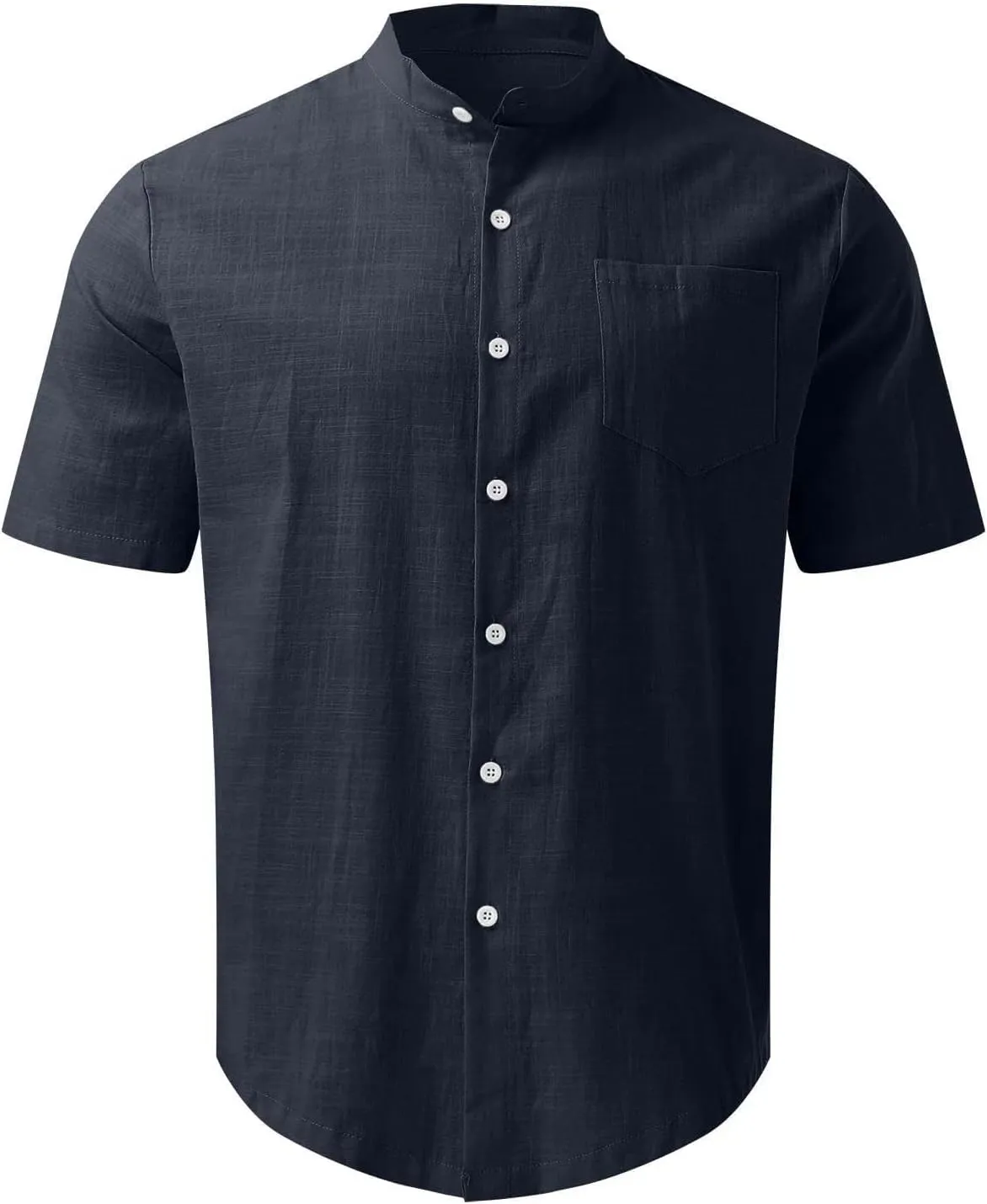Mens Banded Collar Cotton Linen Shirts, Casual Short Sleeve Button Down Shirts Slim Fit Summer Beach Tops with Pocket