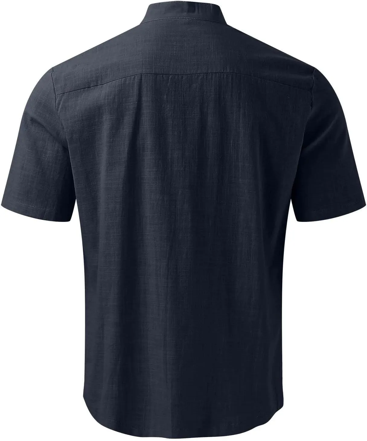 Mens Banded Collar Cotton Linen Shirts, Casual Short Sleeve Button Down Shirts Slim Fit Summer Beach Tops with Pocket