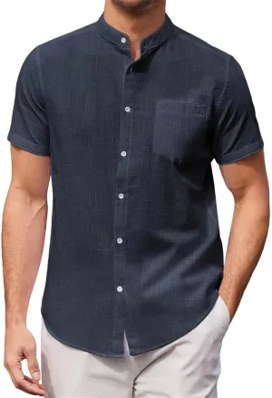 Mens Banded Collar Cotton Linen Shirts, Casual Short Sleeve Button Down Shirts Slim Fit Summer Beach Tops with Pocket
