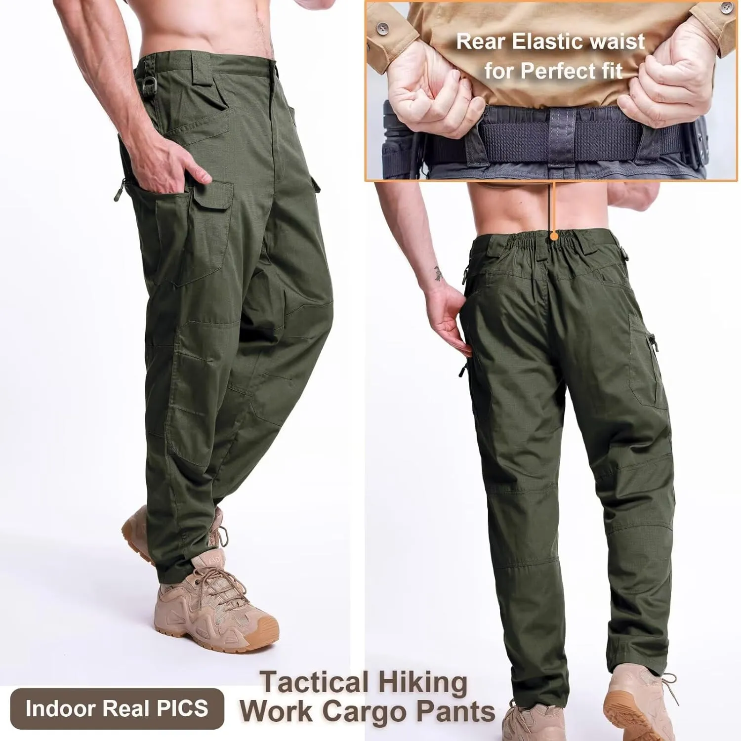 Men's Cargo Work Hiking Tactical Pants,10-Pocket,with Carabiner,Water Resistant,Lightweight Ripstop Outdoor Pants