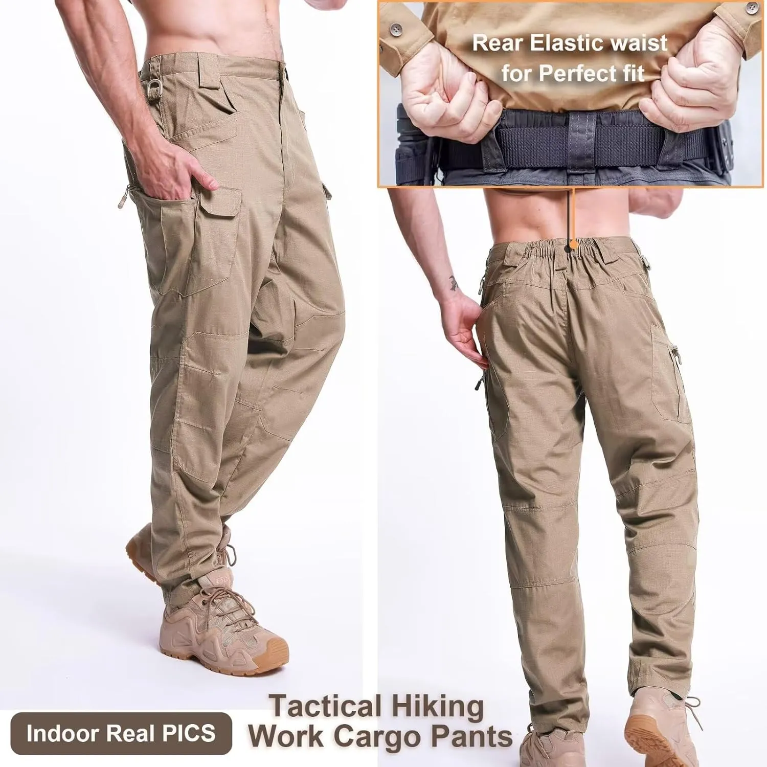 Men's Cargo Work Hiking Tactical Pants,10-Pocket,with Carabiner,Water Resistant,Lightweight Ripstop Outdoor Pants