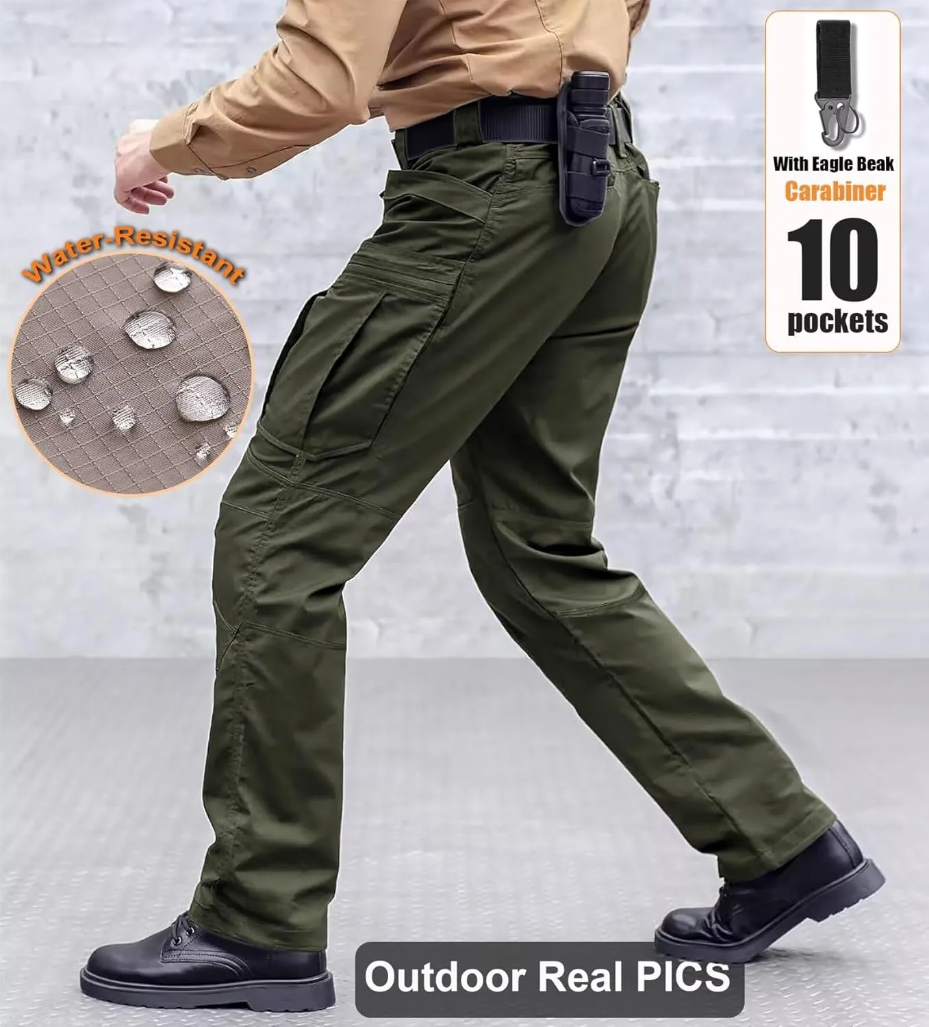 Men's Cargo Work Hiking Tactical Pants,10-Pocket,with Carabiner,Water Resistant,Lightweight Ripstop Outdoor Pants
