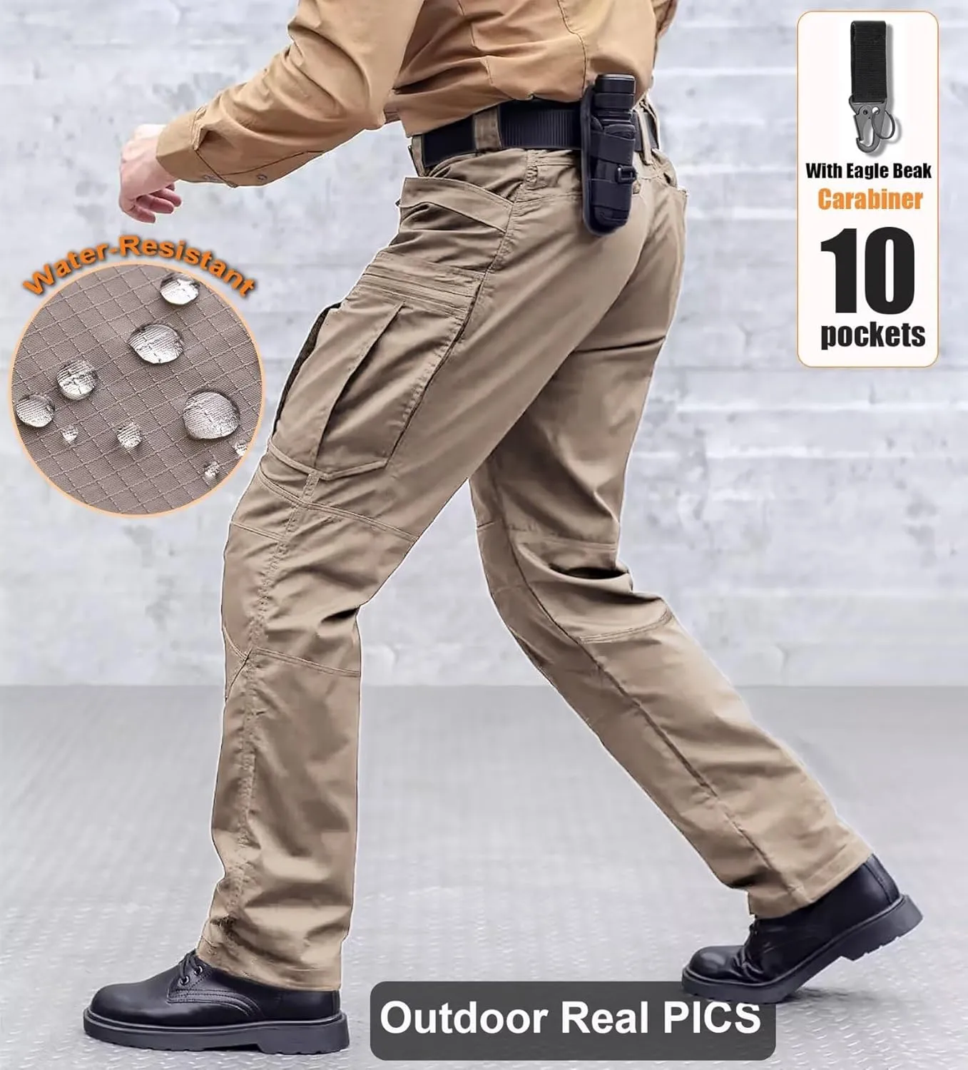 Men's Cargo Work Hiking Tactical Pants,10-Pocket,with Carabiner,Water Resistant,Lightweight Ripstop Outdoor Pants
