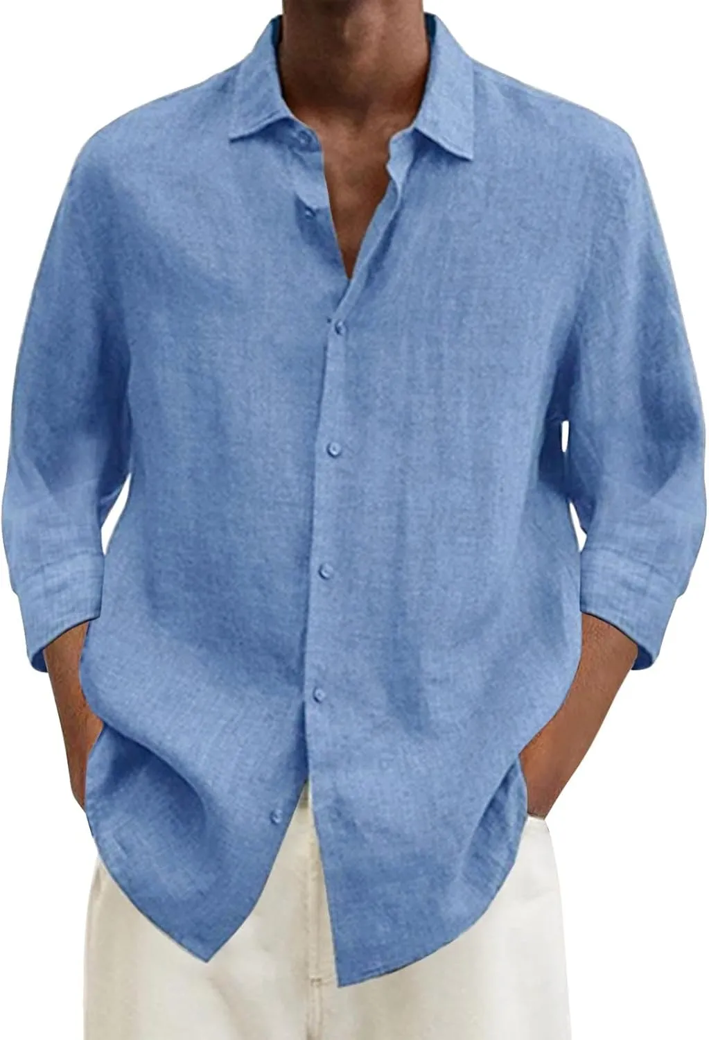 Mens Casual Linen Shirts 3/4 Sleeve Button Down Shirt Hawaiian Vacation Summer Tees Outdoor Plain Beach Collared Tops