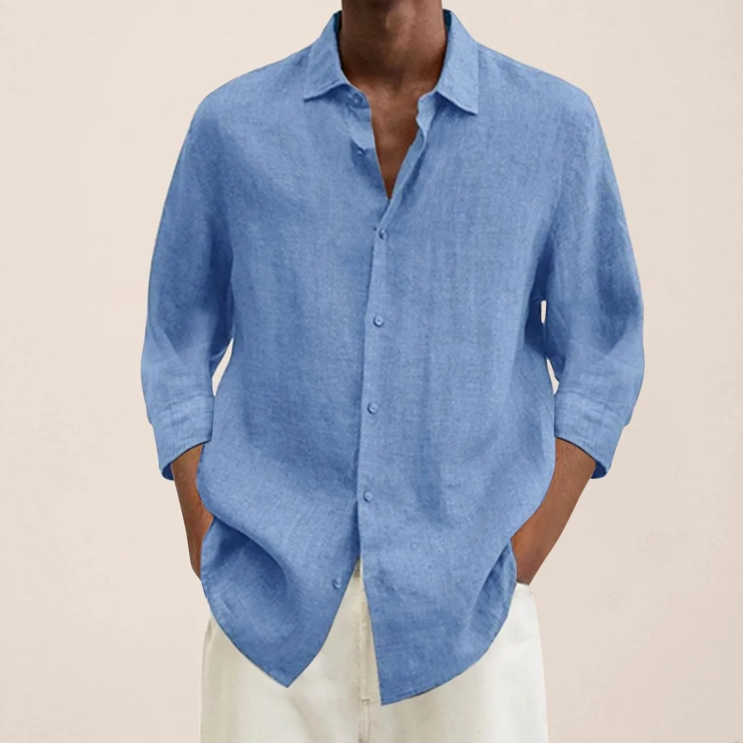 Mens Casual Linen Shirts 3/4 Sleeve Button Down Shirt Hawaiian Vacation Summer Tees Outdoor Plain Beach Collared Tops