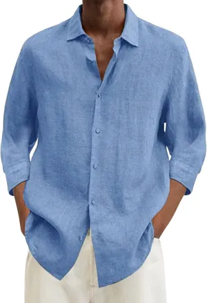 Mens Casual Linen Shirts 3/4 Sleeve Button Down Shirt Hawaiian Vacation Summer Tees Outdoor Plain Beach Collared Tops
