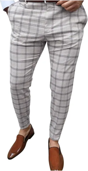 Mens Casual Stretch Plaid Pants Slim Fit Tapered Skinny Business Dress Pants Fashion Contrast Color Check Pencil Trouser Khaki