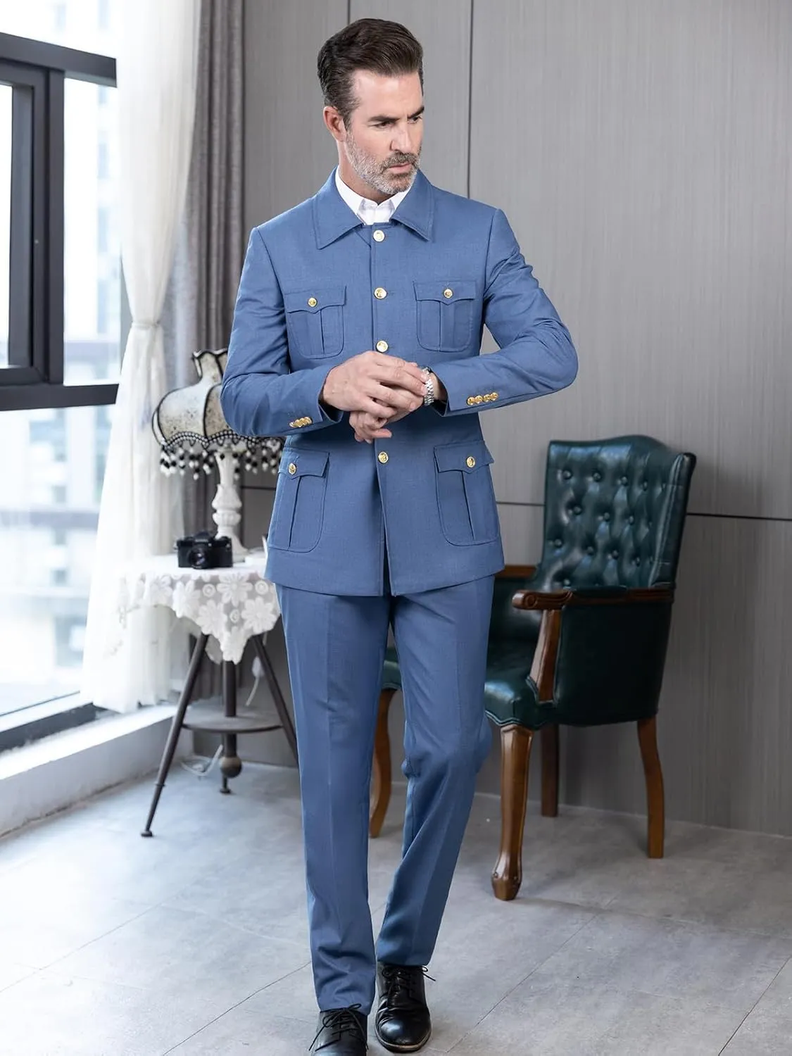 Men's Chinese Suits 4 Pockets Suit Blazer & Pant Button up Stand Collar Chinese Traditional Outfits 2 Pieces
