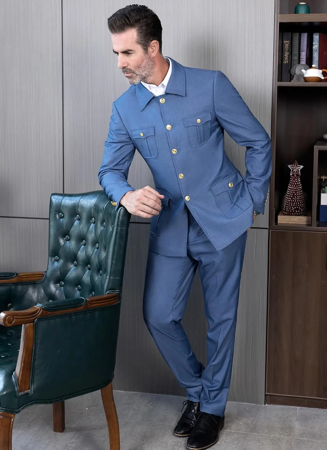 Men's Chinese Suits 4 Pockets Suit Blazer & Pant Button up Stand Collar Chinese Traditional Outfits 2 Pieces