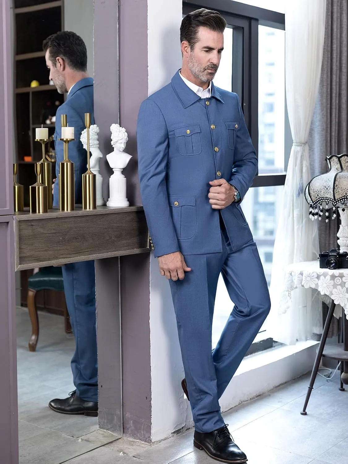 Men's Chinese Suits 4 Pockets Suit Blazer & Pant Button up Stand Collar Chinese Traditional Outfits 2 Pieces