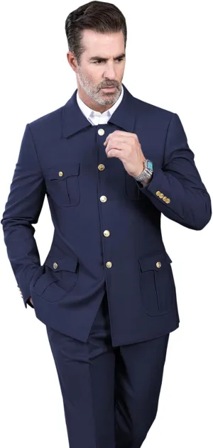 Men's Chinese Suits 4 Pockets Suit Blazer & Pant Button up Stand Collar Chinese Traditional Outfits 2 Pieces