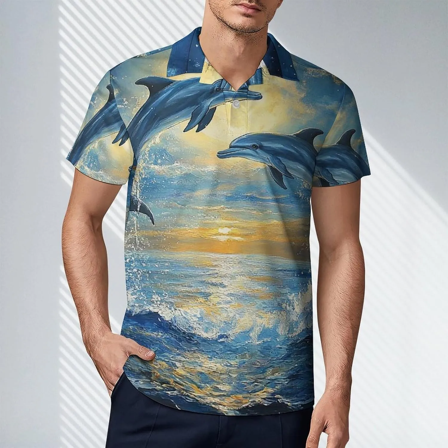 Men's Dolphins Leaping in The Moonlight Polo Shirts Short Sleeve Cool Golf Shirt Quick-Dry Activewear Polos