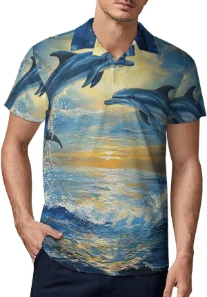Men's Dolphins Leaping in The Moonlight Polo Shirts Short Sleeve Cool Golf Shirt Quick-Dry Activewear Polos