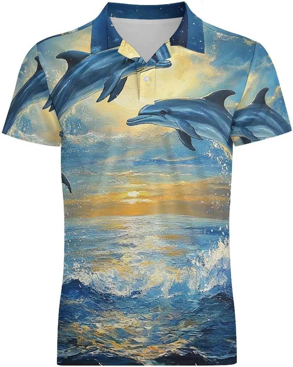 Men's Dolphins Leaping in The Moonlight Polo Shirts Short Sleeve Cool Golf Shirt Quick-Dry Activewear Polos