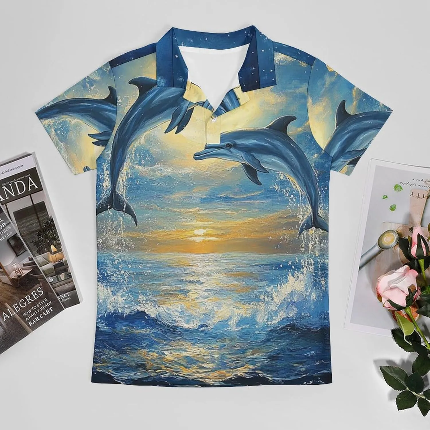 Men's Dolphins Leaping in The Moonlight Polo Shirts Short Sleeve Cool Golf Shirt Quick-Dry Activewear Polos