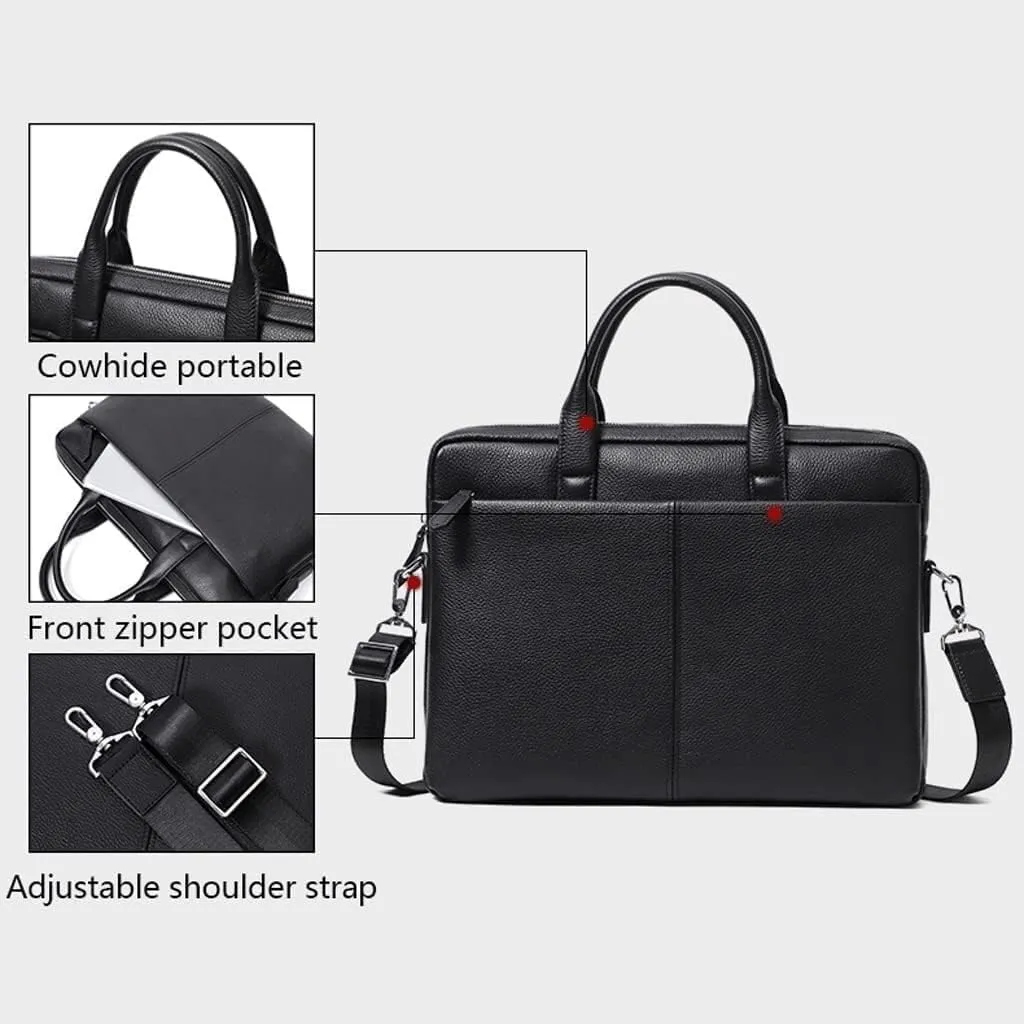 Mens Genuine Leather Briefcase, 15-inch Laptop Messenger Bag, Multifunctional Business Work Handbag (Black)