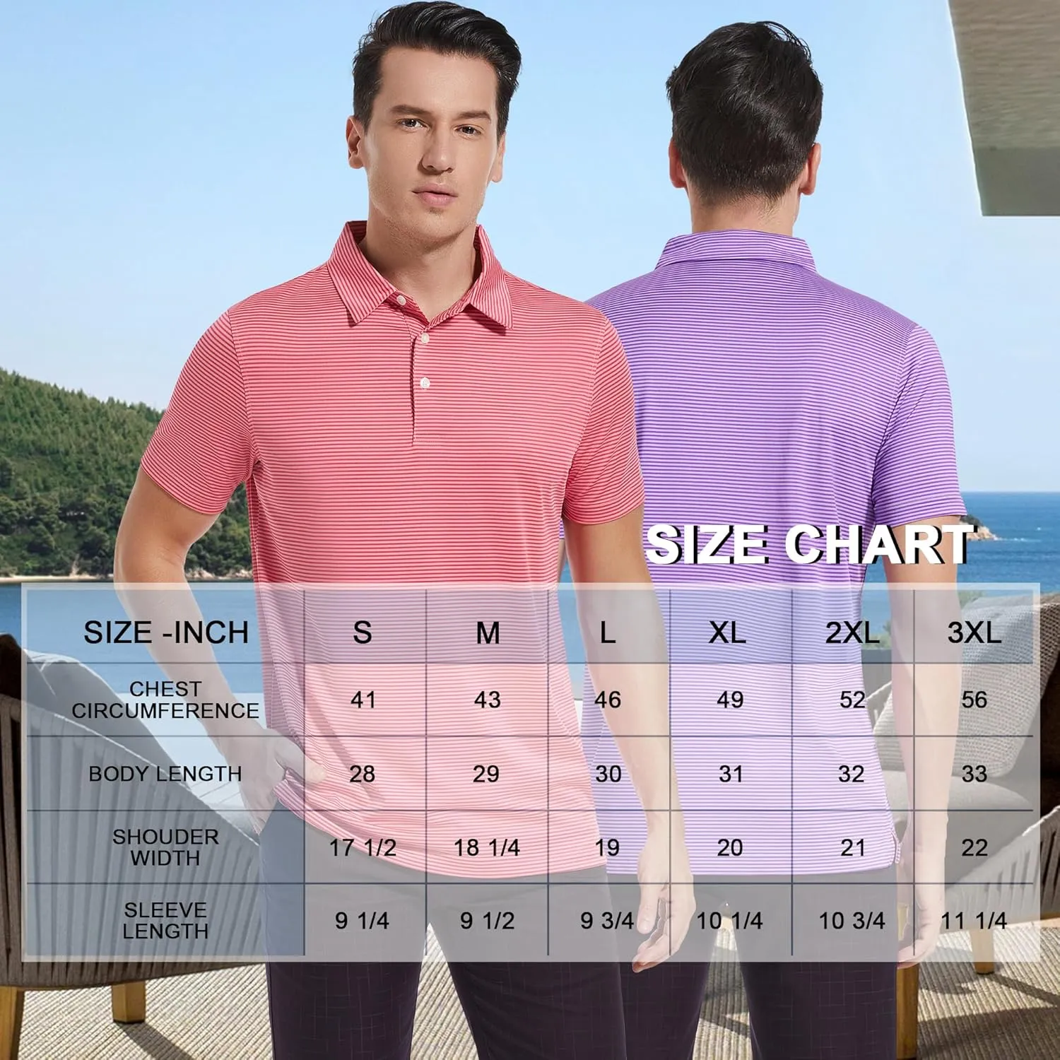 Mens Golf Polo Shirt Moisture Wicking Dry Fit Performance Athletic Short Sleeve Striped Golf Shirts for Men