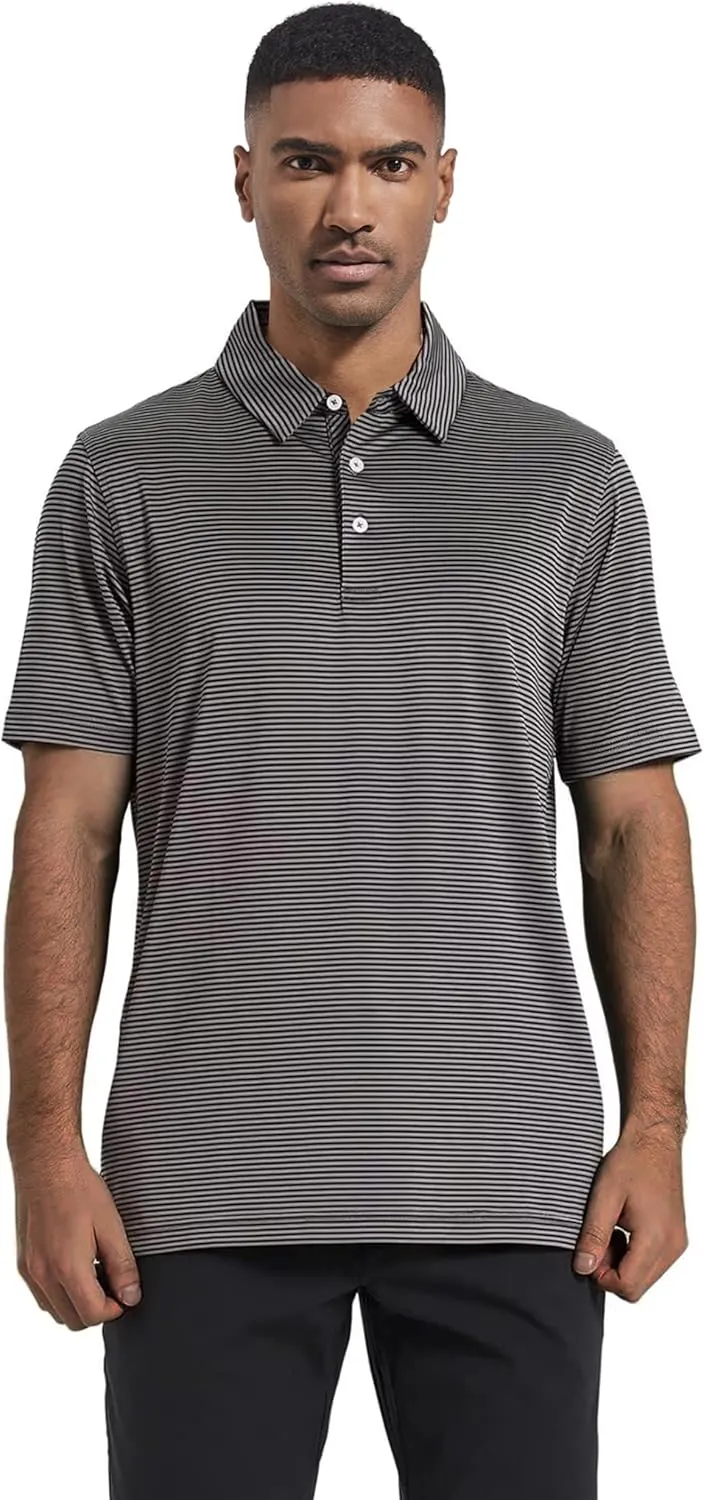 Mens Golf Polo Shirt Moisture Wicking Dry Fit Performance Athletic Short Sleeve Striped Golf Shirts for Men