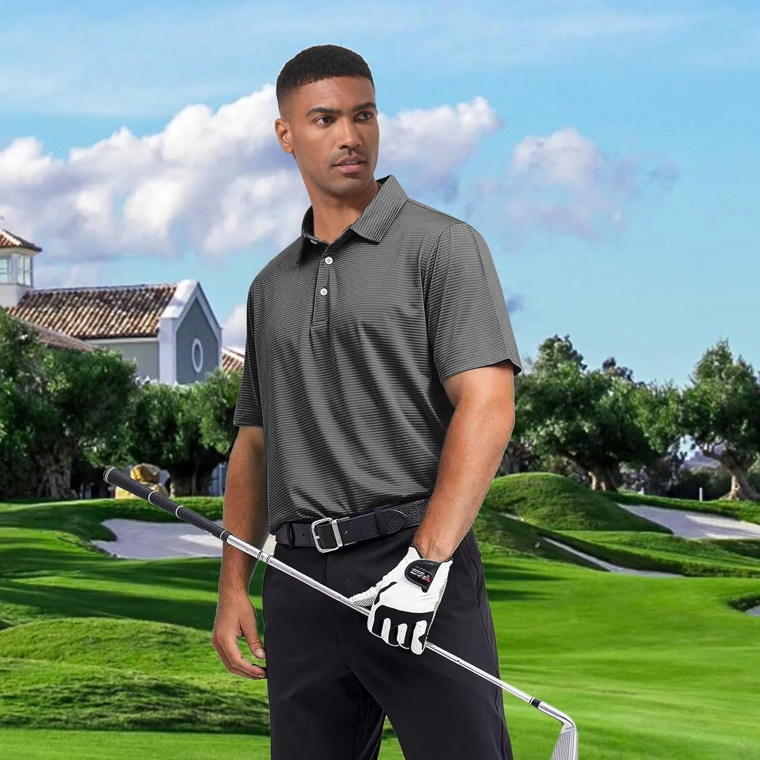 Mens Golf Polo Shirt Moisture Wicking Dry Fit Performance Athletic Short Sleeve Striped Golf Shirts for Men