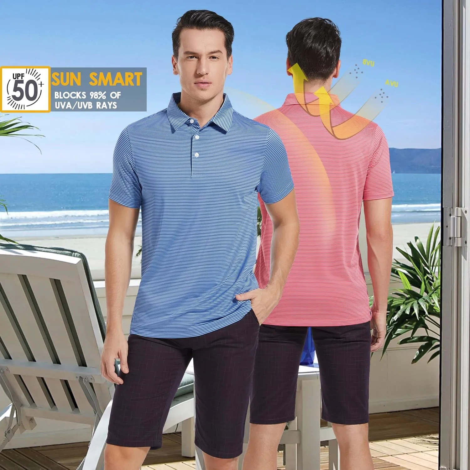 Mens Golf Polo Shirt Moisture Wicking Dry Fit Performance Athletic Short Sleeve Striped Golf Shirts for Men