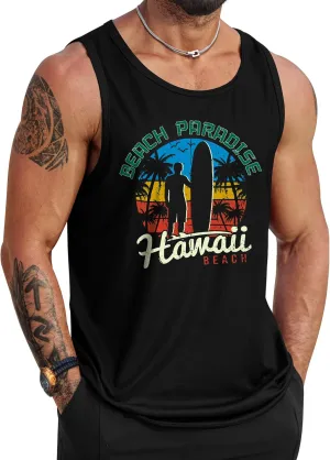 Mens Hawaiian Beach Tank Tops Summer Vacation Muscle Top Graphic Sleeveless Shirts (S-3XL)