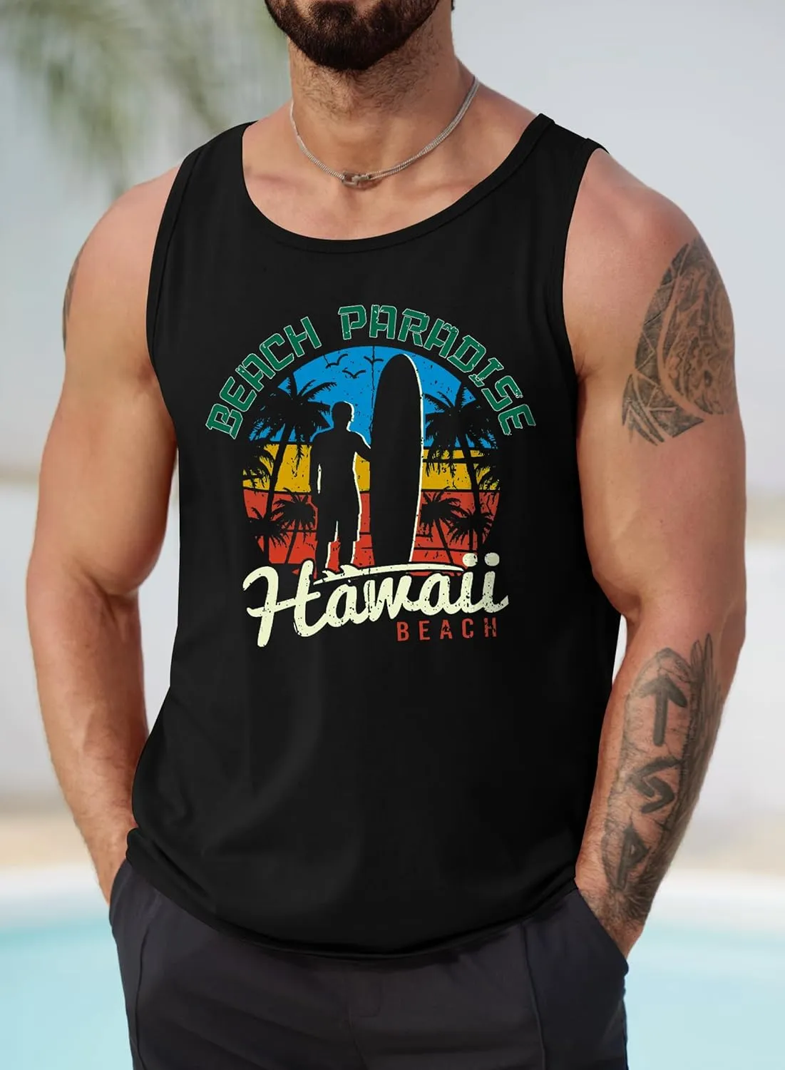 Mens Hawaiian Beach Tank Tops Summer Vacation Muscle Top Graphic Sleeveless Shirts (S-3XL)