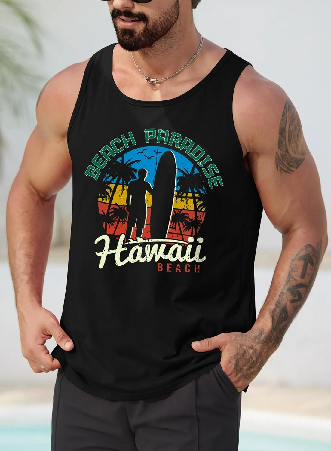Mens Hawaiian Beach Tank Tops Summer Vacation Muscle Top Graphic Sleeveless Shirts (S-3XL)