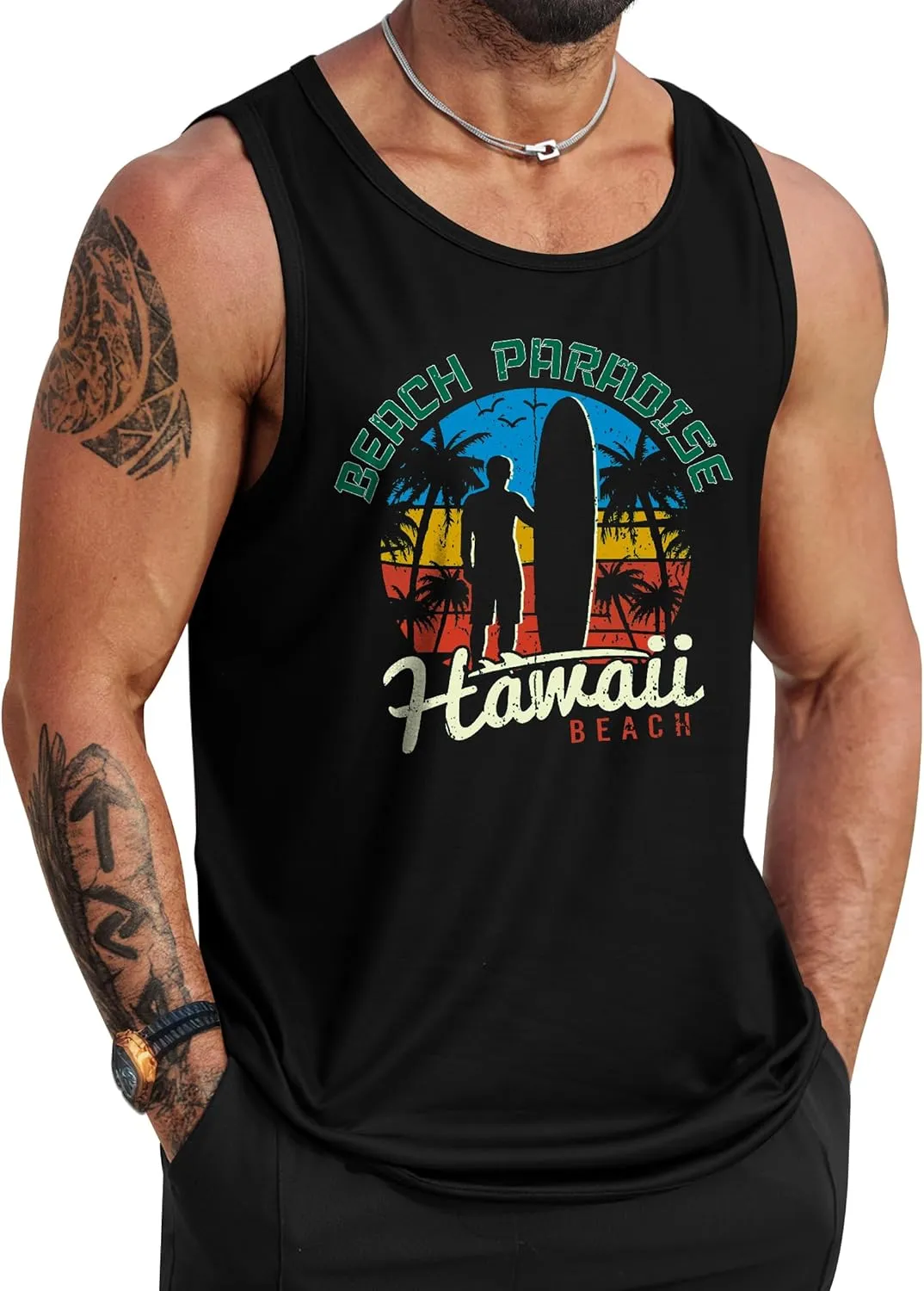 Mens Hawaiian Beach Tank Tops Summer Vacation Muscle Top Graphic Sleeveless Shirts (S-3XL)