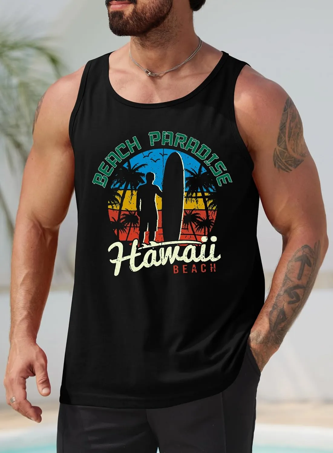 Mens Hawaiian Beach Tank Tops Summer Vacation Muscle Top Graphic Sleeveless Shirts (S-3XL)