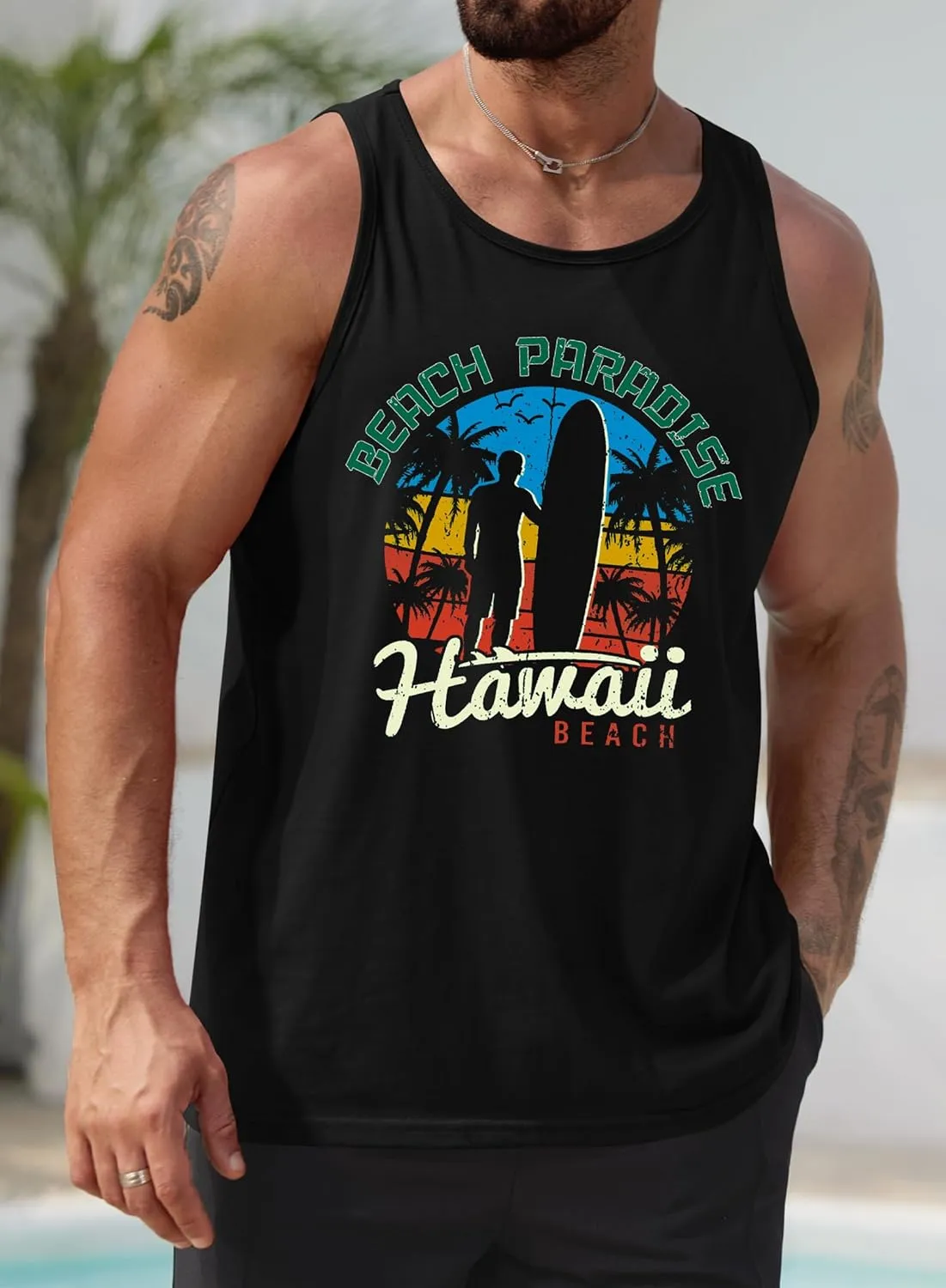 Mens Hawaiian Beach Tank Tops Summer Vacation Muscle Top Graphic Sleeveless Shirts (S-3XL)