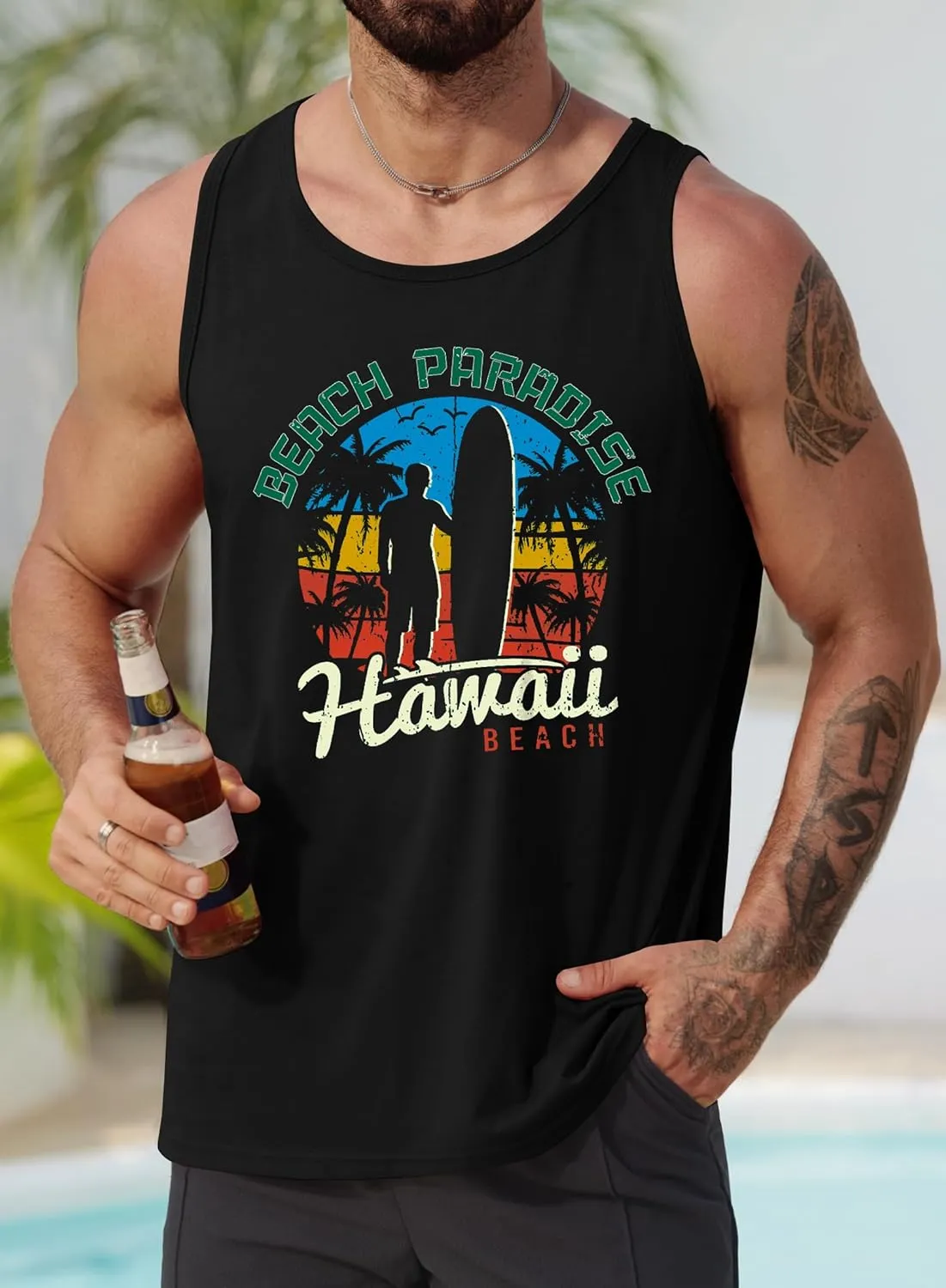 Mens Hawaiian Beach Tank Tops Summer Vacation Muscle Top Graphic Sleeveless Shirts (S-3XL)