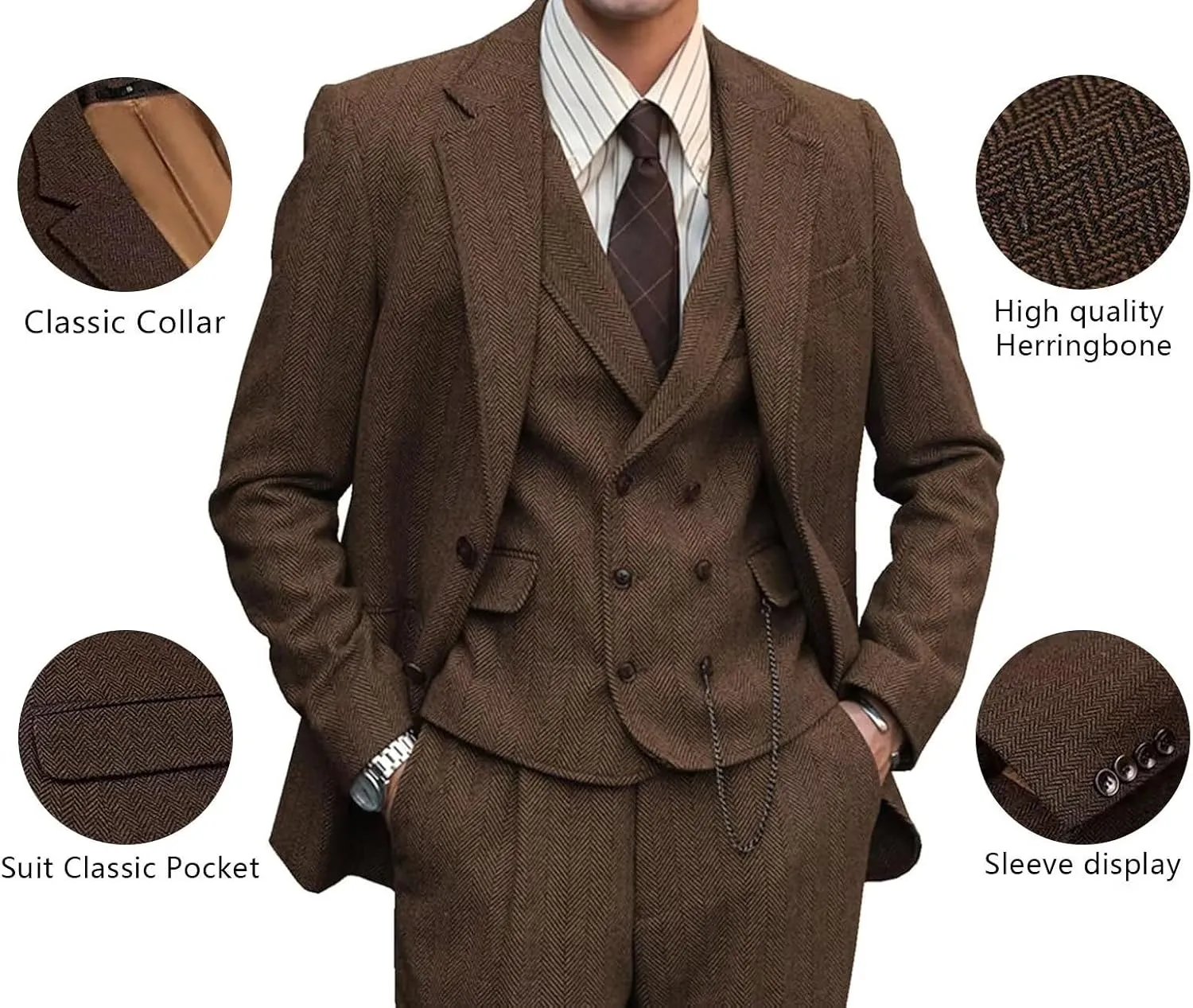 Men's Herringbone Tweed Suits 3 Piece Wedding Business Casual Suit Tuxedo Jacket Vest Pants
