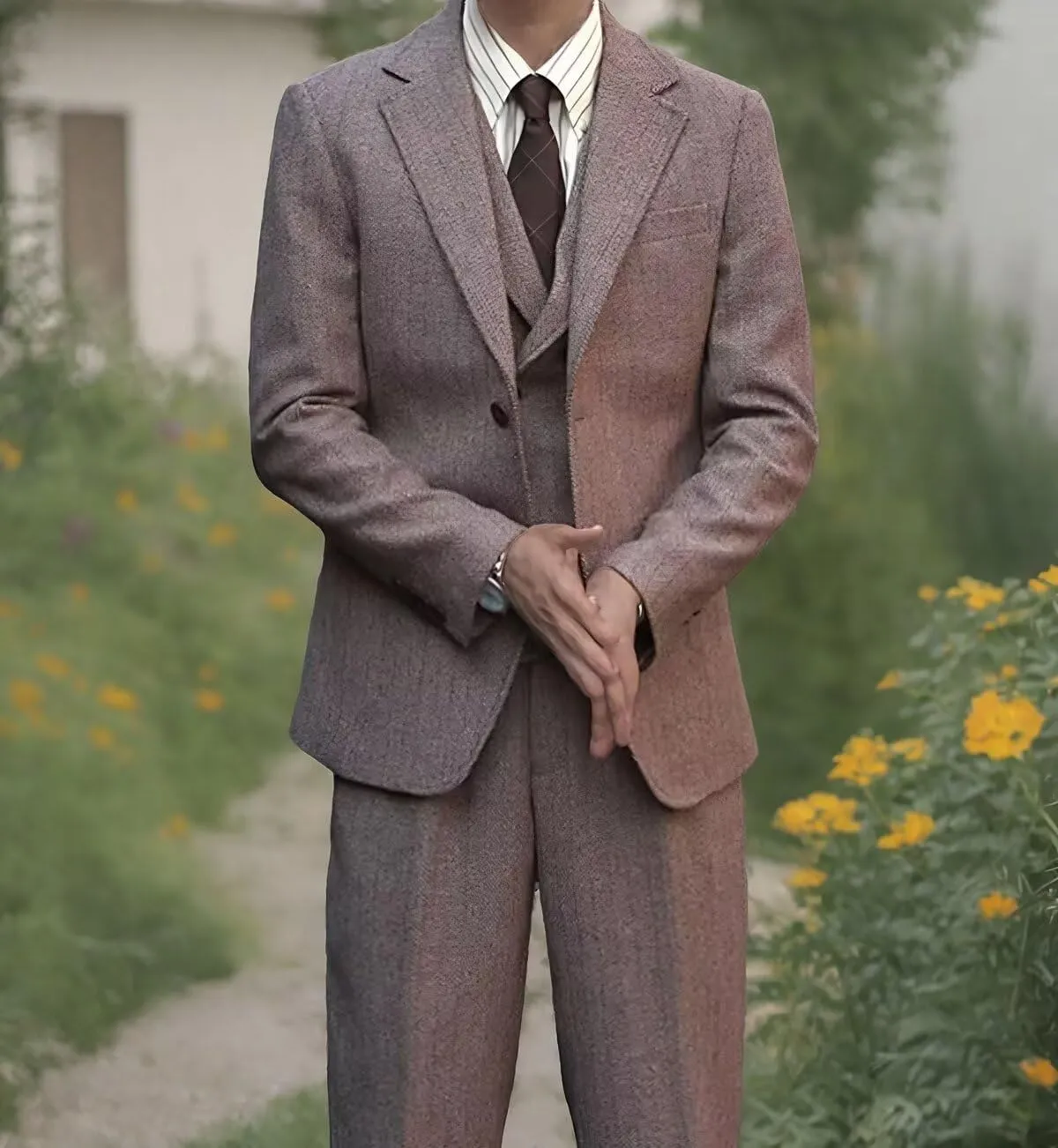 Men's Herringbone Tweed Suits 3 Piece Wedding Business Casual Suit Tuxedo Jacket Vest Pants