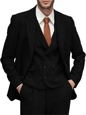 Men's Herringbone Tweed Suits 3 Piece Wedding Business Casual Suit Tuxedo Jacket Vest Pants