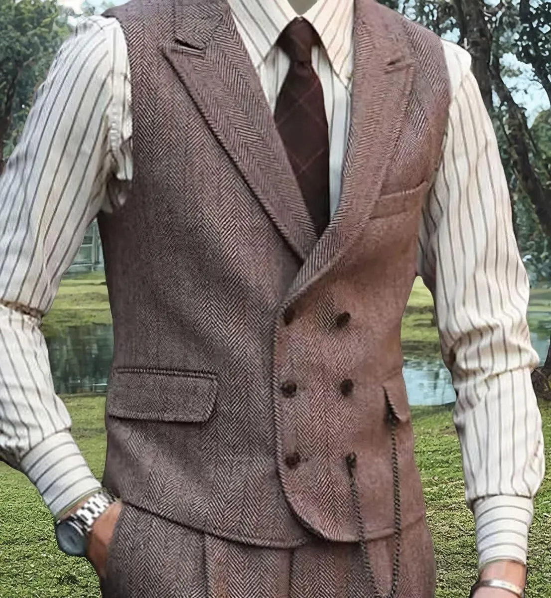Men's Herringbone Tweed Suits 3 Piece Wedding Business Casual Suit Tuxedo Jacket Vest Pants