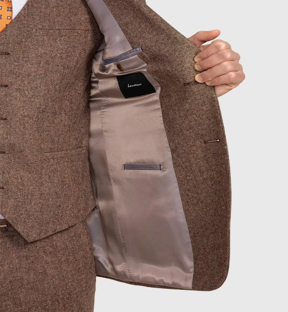 Men's Herringbone Tweed Suits 3 Piece Wedding Business Casual Suit Tuxedo Jacket Vest Pants