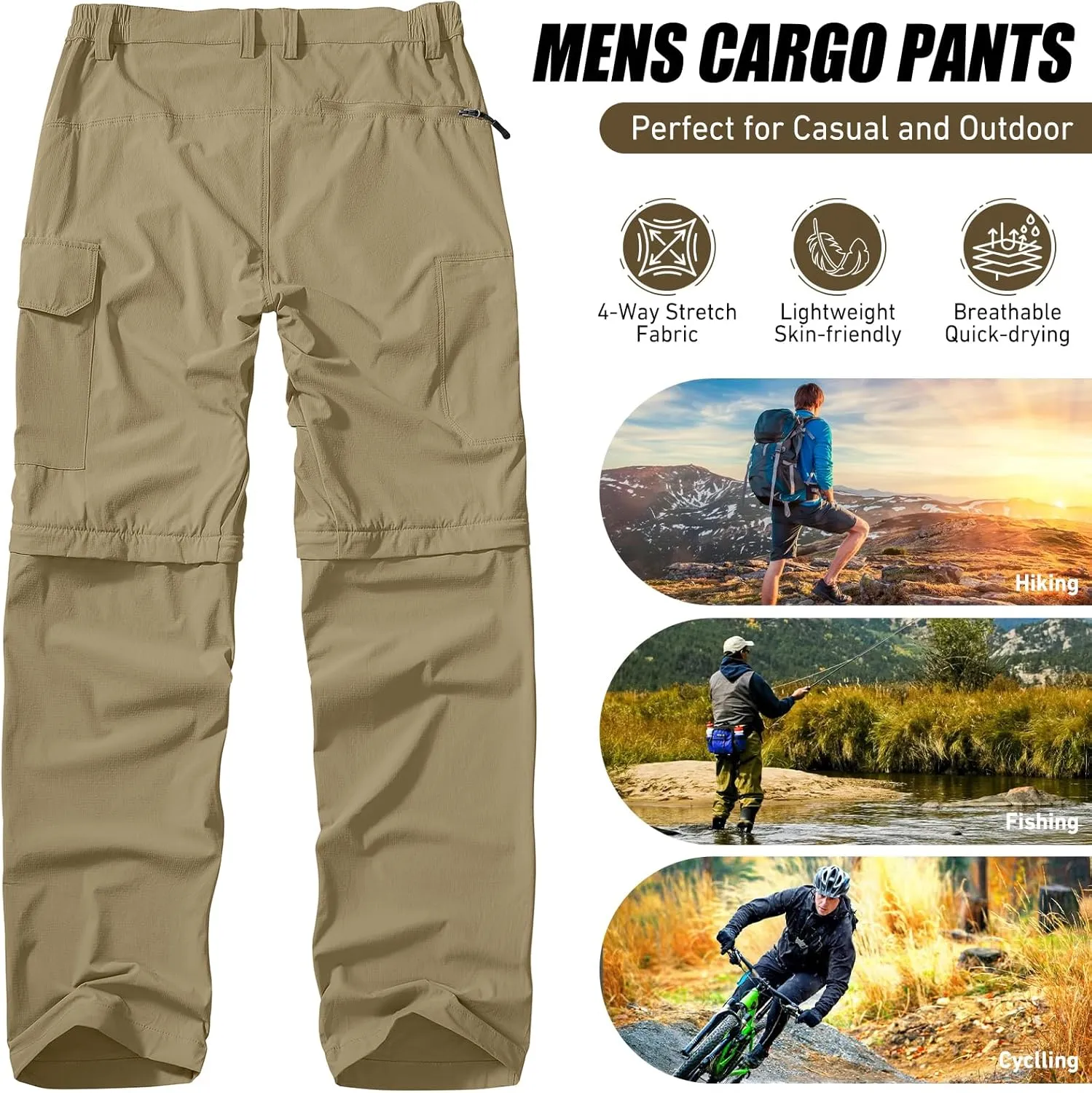 Men's Hiking Convertible Work Pants Cargo Zip Off Lightweight Quick Dry Stretch Pants Summer Fishing Travel Outdoor