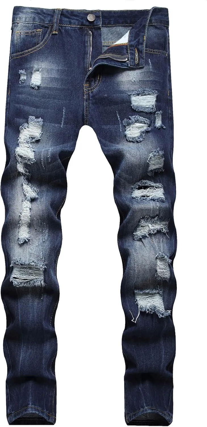 Men's Jeans Slim Fit Ripped Straight Leg Distressed Fashion Denim Pants